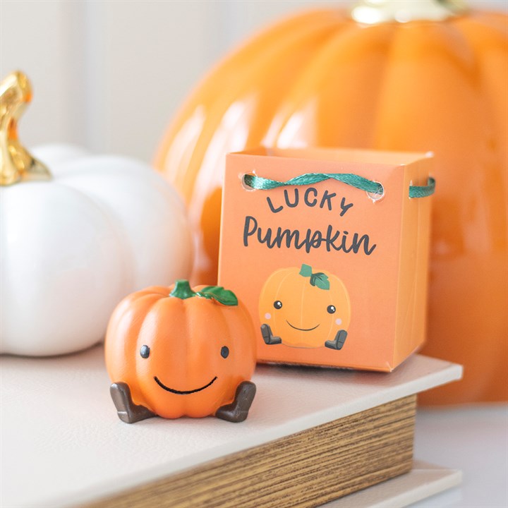 Set of 16 Cute Lucky Pumpkin Ornaments in Display